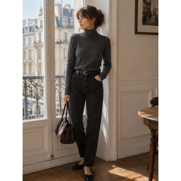 SÉZANE Sweaters - Sezane Felix Turtleneck Top Gris Anthracite Ribbed Organic Cotton L S242PUL025G